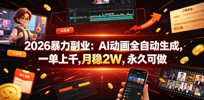2026暴力副业：AI动画全自动生成，一单上千，月稳2W，永久可做【揭秘】-遨游资源库