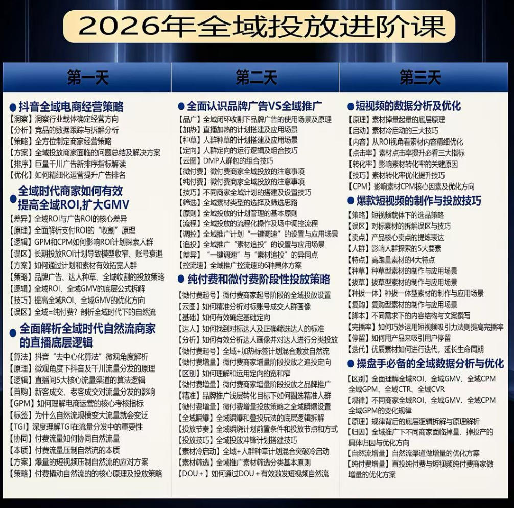 千川扫地僧2026抖音全域投放进阶课，少走弯路·快速起量·掌控增长，6月12-14号杭州线下课-遨游资源库