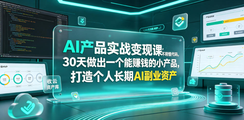 AI产品实战变现课,不用懂代码,30天做出一个能賺钱的小产品,打造个人长期AI副业资产(更新)