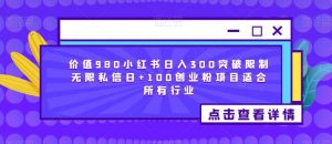 价值980小红书日入300突破限制无限私信日+100创业粉项目适合所有行业-遨游资源库