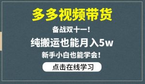 多多视频带货，备战双十一，纯搬运也能月入5w，新手小白也能学会-遨游资源库