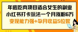 年底吃肉项目适合女生的副业小红书打卡玩法一个月涨粉6万+变现能力强+单月收益5位数【揭秘】-遨游资源库