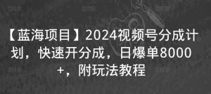 【蓝海项目】2024视频号分成计划，快速开分成，日爆单8000+，附玩法教程-遨游资源库