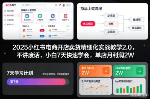 2025小红书电商开店卖货精细化实战教学2.0，不讲废话，小白7天快速学会，单店月利润2W-遨游资源库