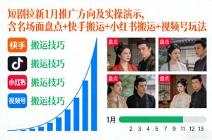 短剧拉新1月推广方向及实操演示，含名场面盘点+快手搬运+小红书搬运+视频号玩法-遨游资源库