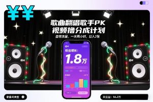 歌曲翻唱歌手PK视频撸分成计划，自带流量，一天两小时，日入2张-遨游资源库