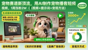 宠物赛道新顶流，用AI制作宠物播客短视频，1周涨粉2W（视频+提示词+变现方法）-遨游资源库