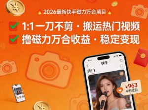 2026年最新快手磁力万合项目，1比1一刀不剪搬运热门视频，撸磁力万合收益-遨游资源库