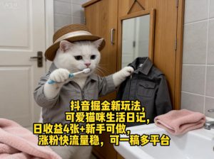抖音掘金新玩法,可爱猫咪生活日记,日收益4张+新手可做,涨粉快流量稳,可一稿多平台-遨游资源库