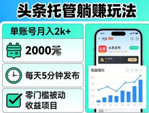 头条托管躺賺玩法，单账号月入2k+，每天5分钟发布即可，零门槛被动收益项目【揭秘】-遨游资源库