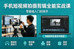 手机短视频拍摄剪辑全能实战课：零基础入门到高手，稳定器运镜+电脑剪映全套自学教程-遨游资源库