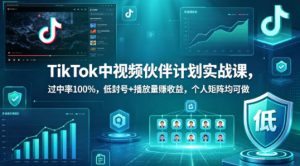 TikTok中视频伙伴计划实战课，过中率100%，低封号+播放量賺收益，个人矩阵均可做-遨游资源库
