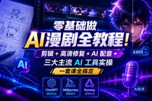零基础做AI漫剧全教程!剪辑+高清修复+AI配音+三大主流AI工具实操,一套课全搞定-遨游资源库
